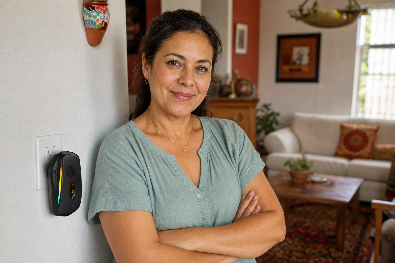 Valentina, 44 años, con el repelente ultrasónico CasaShield en su sala