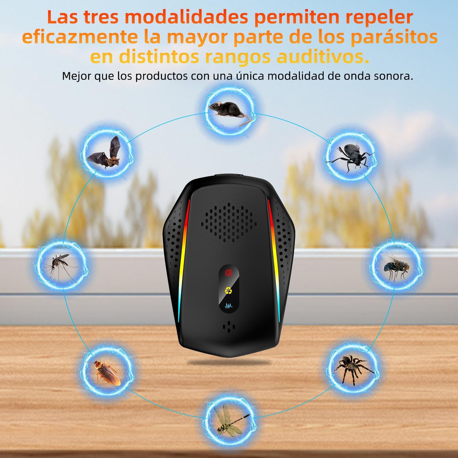 Repelente ultrasónico — 3 modos de frecuencia